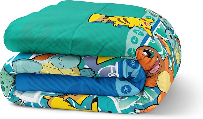 Northwest Pokemon First Starters Twin Size Bed in a Bag Set, Pikachu Charmander Squirtle Bulbasaur, Kids Boys Girls Bedding Comforter Sheets