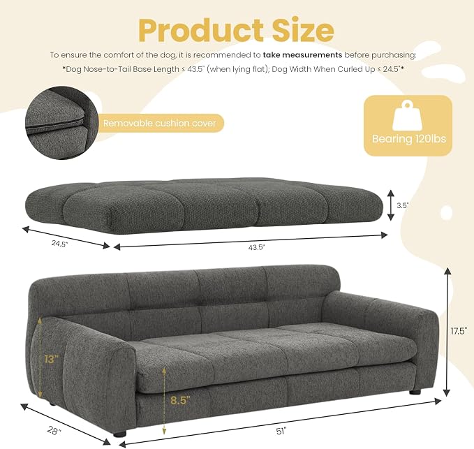 51" XL Dog Bed Couch, Elevated Large Dog Sofa with Backrest and Armrests, Soft Memory Foam Extra Large Pet Bed with Removable Cushion, Durable Linen Pet Couch Furniture, Dark Gray