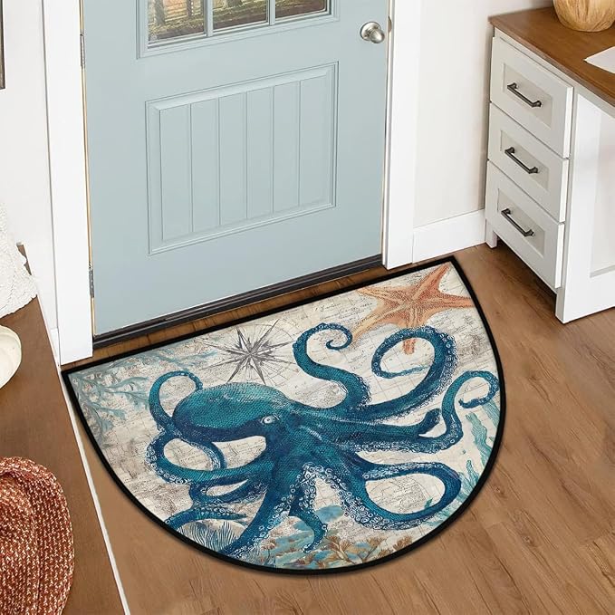 Map Half Round Rug Half Moon Door Mat Half Circle Rugs | Octopus Retro Washable Non-Slip Semi Circle Rug Welcome Half Round Door Mat Indoor Entrance Bedroom Living Room Decor B604