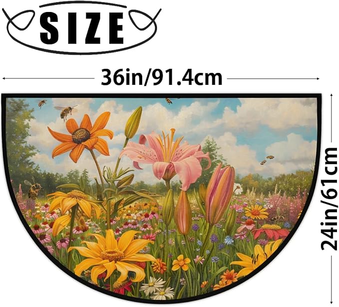 cfpolar Half Round Door Mat Vintage Floral Non-Slip Semi Circle Area Rug Washable Half Moon Hearth Rugs for Indoor Outdoor Bathroom Kitchen Patio Runner Mat Laundry Room Home Decoration
