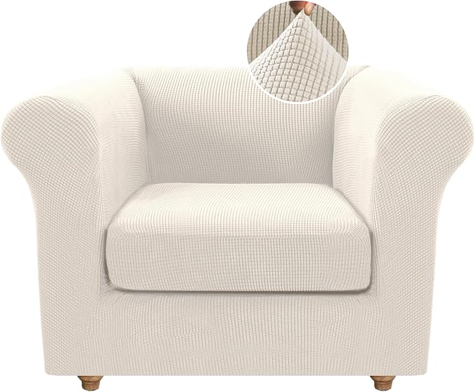 H.VERSAILTEX 2 Pieces Chesterfield Chair Slip Covers with Arms Stretch Mid Century Deep Seat Couch Cover Fit Width Up to 47 Inch, Thicker Jacquard Fabric (Small Sofa, Ivory)