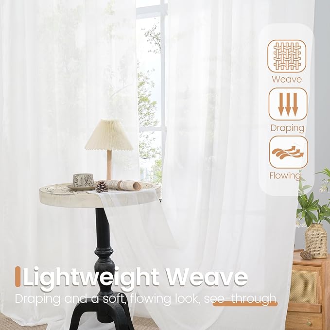 BGment White Linen Semi Sheer Curtains for Living Room 80 Inch Length - Rod Pocket Light Filtering Window Drapes Natural Textured for Bedroom Dining Lightweight Rustic, 2 Panels Set, 52 X 80 Inch