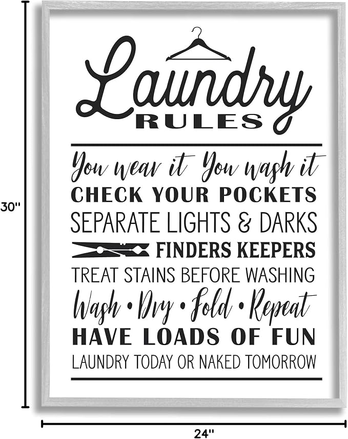 Stupell Industries 'Laundry Rules with Hanger Typography', Framed Giclee Art, Gray, 24 x 30 Inches, Easy to Hang and Sturdy, Made in USA, by Lettered and Lined