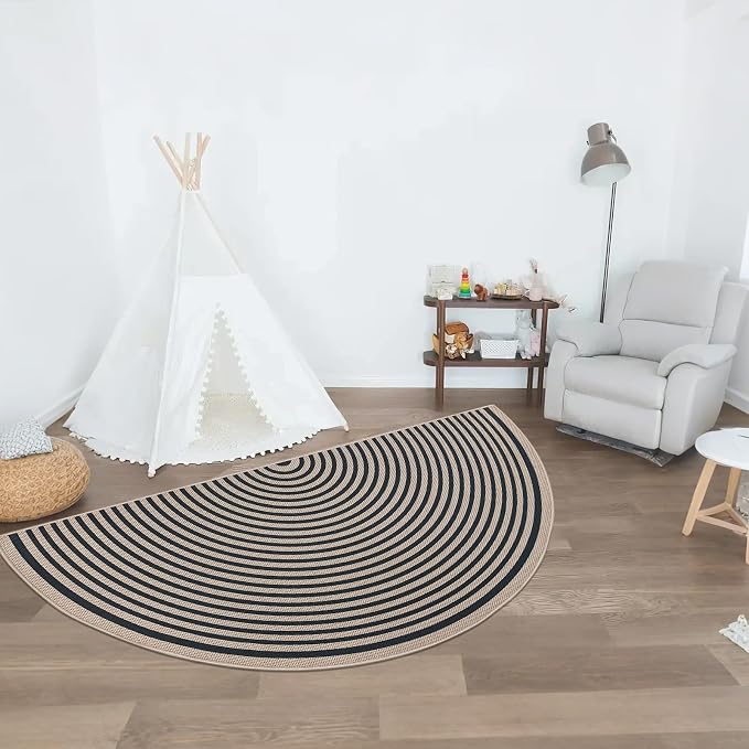 Easy Jute Rainbow Rug 3x6Ft Half Circle Doormat Neutral Faux Jute Carpet for Farmhouse Bedroom Entrance Balcony, Nonslip Half Round Floor Mat for Living Room Patio Kitchen, Outdoor, Black 3
