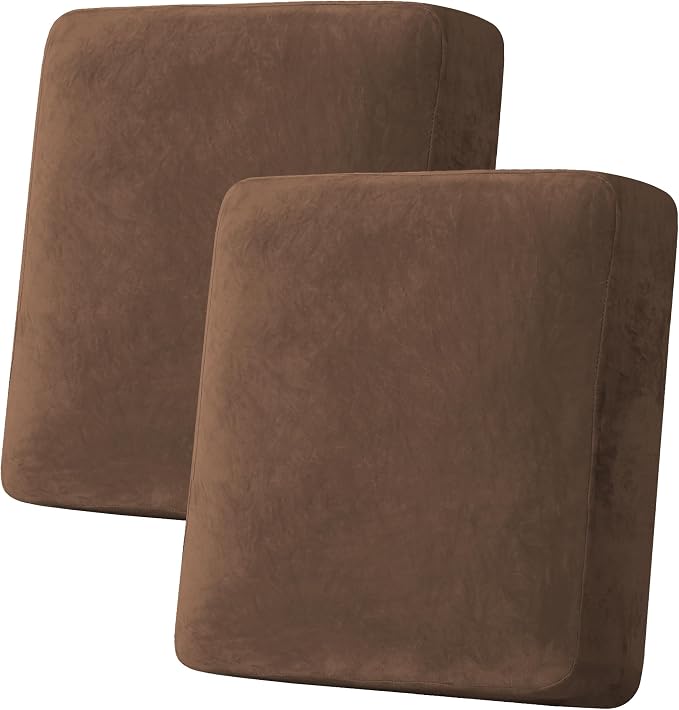 H.VERSAILTEX Velvet Stretch Couch Cushion Cover Plush Cushion Slipcover for Loveseat Cushion Furniture Protector Seat Cushion Sofa Cover (2 Piece Medium Sofa Cushion Covers, Caramel Cafe)
