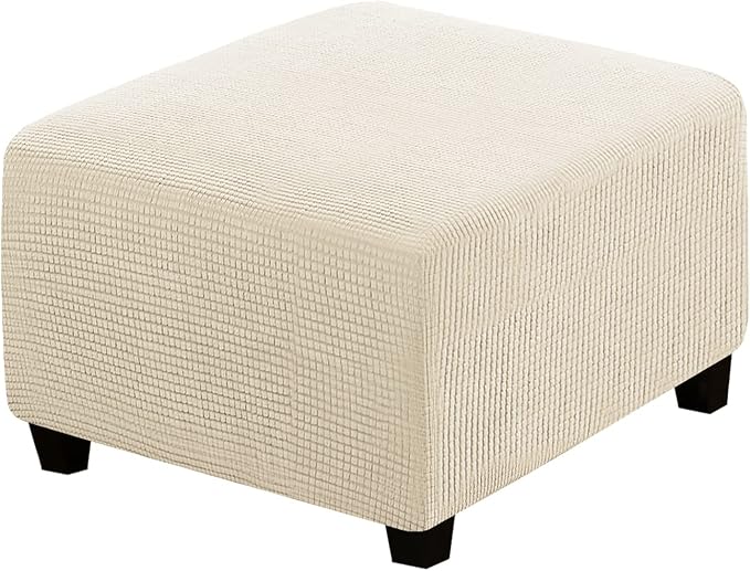 H.VERSAILTEX Square Ottoman Covers Ottoman Slipcovers Folding Storage Stool Furniture Protector Form Fit with Elastic Bottom, Stretch High Spandex Small Checks Jacquard Fabric(Medium,Natural)