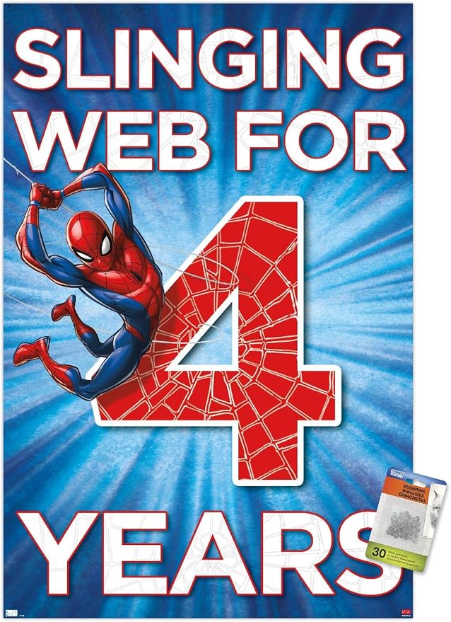 Trends International Marvel Spider-Man - Happy 4th Birthday Wall Poster, 22.37" x 34.00", Premium Poster & Push Pin Bundle