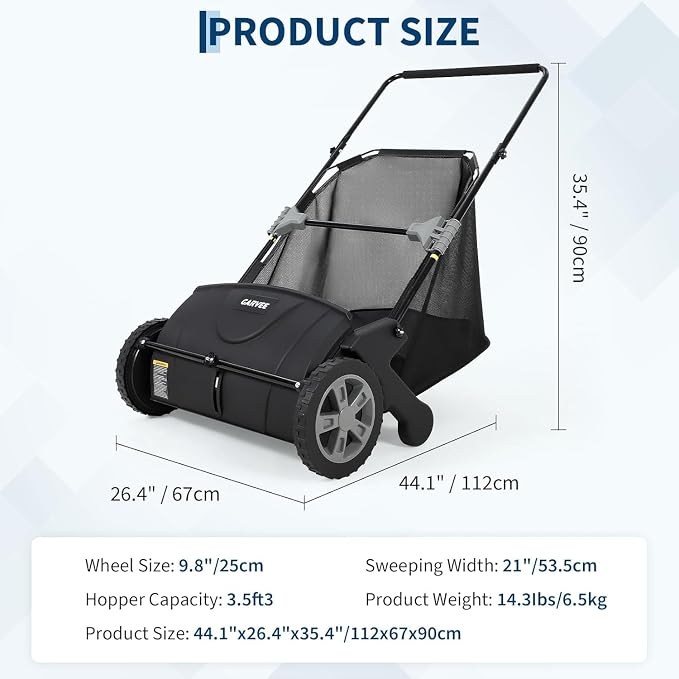 21-Inch Push Lawn Sweeper, Manual Leaf Sweeper with 3.5 Cu. ft. Mesh Collection Bag, Yard Sweeper with 2 Spinning Brushes & 10" Rubber Wheels, Walk-Behind Grass Collector for Lawns, Black