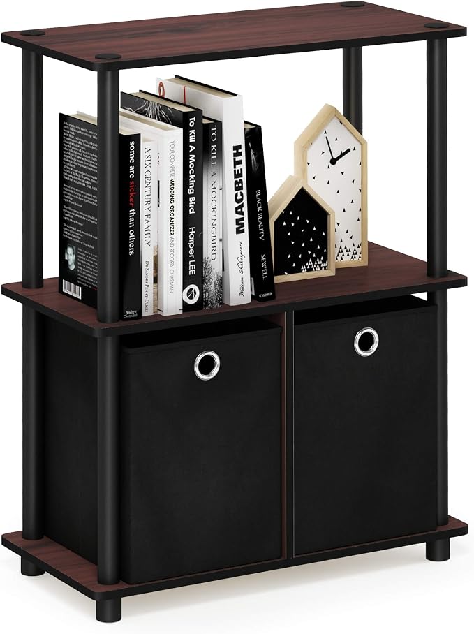 Furinno TURN-N-TUBE Storage Shelves Set of 2, 3-Tier Toolless Book Shelf with Storage Bins, Display Shelf, for Organization and Storage, Living Room, Garage, Home Office, Dark Cherry