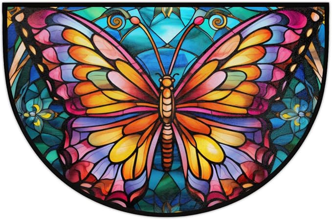 Half Round Door Mat Glass Butterfly Morocco Intdoor Entrance 36x24 In, Non-Slip Welcome Mat for Outdoor Semi Circle Bathroom Floor Rugs,House Entry Way Heavy Duty Doormat for Kitchen Living Room