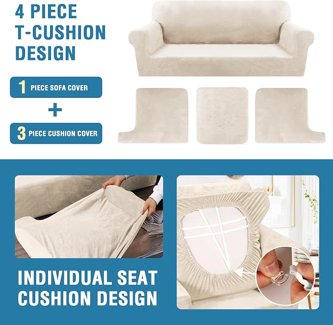 H.VERSAILTEX Sofa Cover 4 Piece T Cushion Sofa Slipcovers Couch Cover Furniture Protector Stretch T Cushion Sofa Covers for 3 Cushion Couch with 3 Individual T Cushion Covers, Ivory