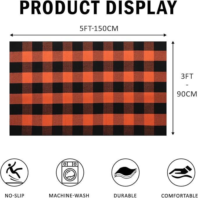 Buffalo Plaid Outdoor Rug 3x5 Ft Orange and Black Checkered Area Rug Halloween Washable Doormats Fall Indoor Outdoor Rugs for Layered Front Door Mats, Porch, Entryway, Kitchen, Farmhouse