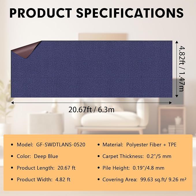 Grefinity Marine Carpet,5 FT x 20 FT Deep Blue Indoor Outdoor Carpet 0.2" Thick Boat Rug with Water-Proof TPE Backing for Home, Patio, Porch, Deck