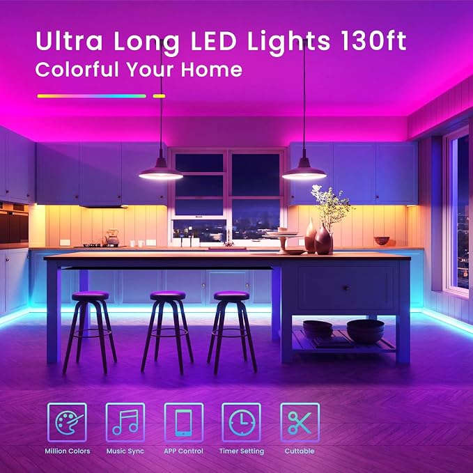 TJOY 130ft Bluetooth LED Strip Lights, RGB Color Changing, Music Sync, App Control, Indoor Usage, 5050 SMD, 2 Rolls, for Bedroom Kitchen TV Party (APP+Remote +Mic) | Music Sync Rope Lights via Bluetooth for Room Decor, Strong Adhesive, DIY