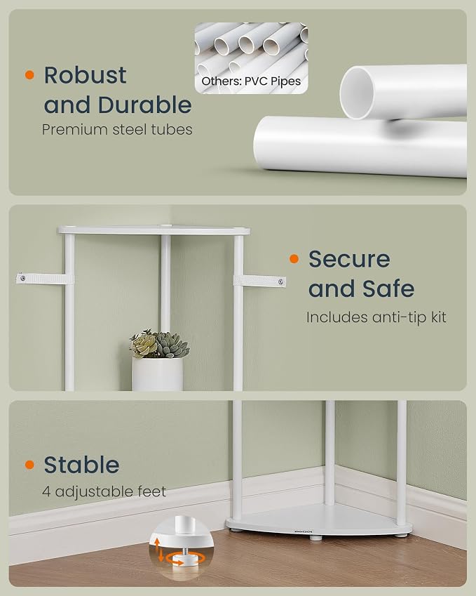 SONGMICS HOME Superfast Toolless Assembly, Corner Shelf Stand, 5-Tier Corner Standing Shelf, Living Room, Bedroom, Kitchen, 15 x 10.6 x 54.7 Inches, Snow White ULBC610W01