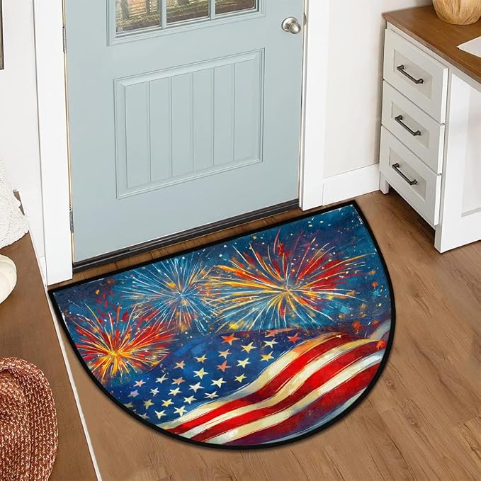 Fireworks Flag Half Round Door Mat Semi Circle Rug Half Moon Doormat | Fireworks Flag Soft Washable Welcome Entrance Mat for Outdoor Indoor Floor Bedroom Bathroom Home Kitchen Festival Decor