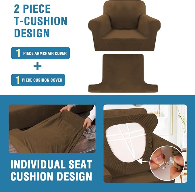 H.VERSAILTEX Sofa Cover 4 Piece T Cushion Sofa Slipcovers Thick Velvet Couch Cover Stretch T Cushion Sofa Covers for 3 Cushion Couch with 3 Individual T Cushion Covers, Bronze Brown