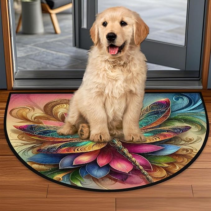 Dragonfly Half Round Rug Half Moon Door Mat Half Circle Rugs | Rainbow Art Washable Non-Slip Semi Circle Rug Welcome Half Round Door Mat Indoor Entrance Kitchen Bedroom Living Room Decor