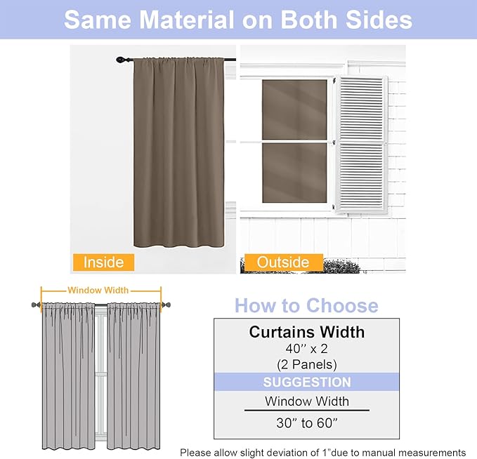 Simplebrand Ava Brown Short 36 Inches Blackout Curtain 2 Panels Set, Half Window Rod Pocket Privacy Curtain Tiers for Kitchen, Curtains Blackout for Bathroom Shades, W40 x L36 Inch, Brown