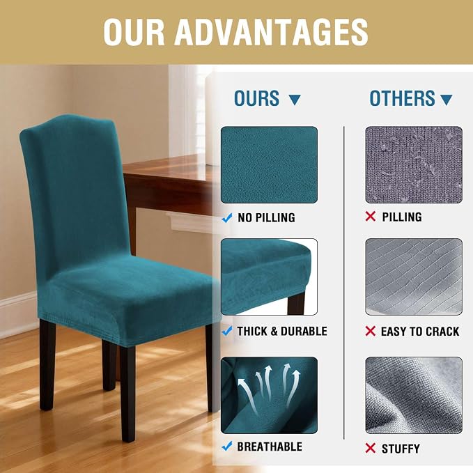 H.VERSAILTEX Velvet Dining Chair Covers Stretch Chair Covers for Dining Room Set of 2 Parson Chair Slipcovers Chair Protectors Covers Dining, Soft Thick Solid Velvet Fabric Washable, Deep Teal
