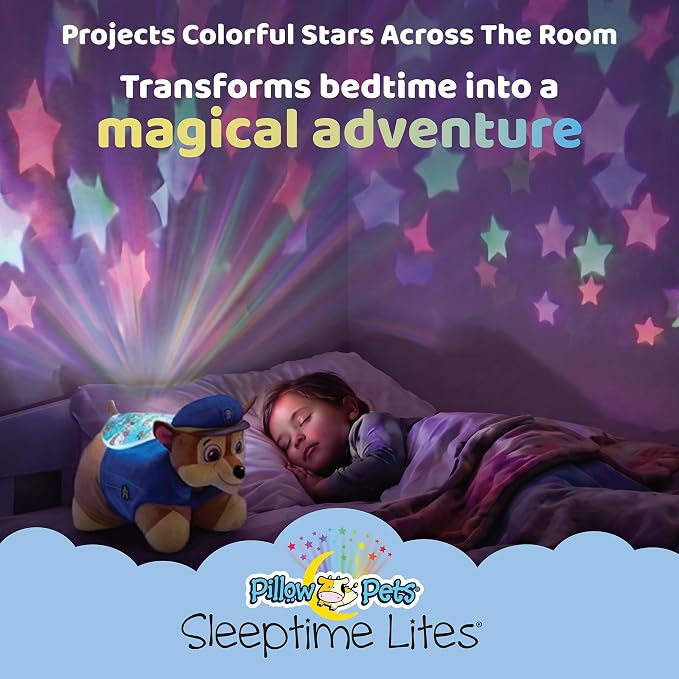 Pillow Pets Nickelodeon Paw Patrol Chase, 11" Sleeptime Lite | Plush Pillow and Night Light in One, Projects Rainbow Stars, 3 Light Modes, 20-Minute Auto-Off Timer, BPA Free