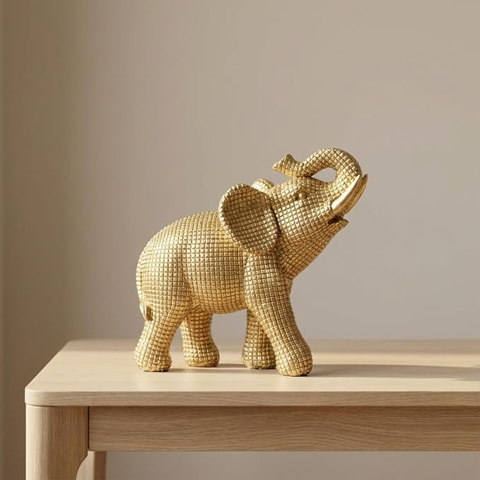 Decorative Resin Elephant Figurine for Home and Bathroom Decor - Ornament Statue for Office Desk, Living Room, or Shelf Styling - Elegant Accent for Entryway and Coffee Table - 7", Gold & Metallic