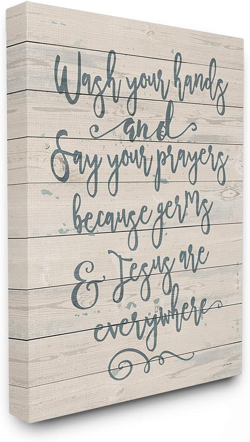 Stupell Industries Blue Script Germs and Jesus Cursive Planked Look Typography Canvas Wall Art
