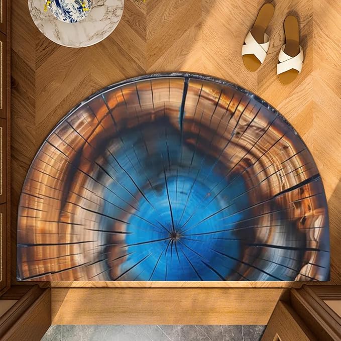 Fchen art Vintage Wood Grain Blue Half Round Door Mat – Non Slip Washable Welcome Mat for Indoor/Outdoor Use, Durable Absorbent Doormat for Home Kitchen Entryway Restaurant Office, 17x30 Inches