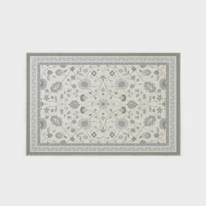 EVERGRACE Area Rugs for Living Room 6x9, Boho Floral Faux Wool Indoor Outdoor Rugs, Washable Rugs for Bedroom Dining Room Entryway Kitchen, Low Pile Floor Mat Carpet for Home Decor, Cool Gray