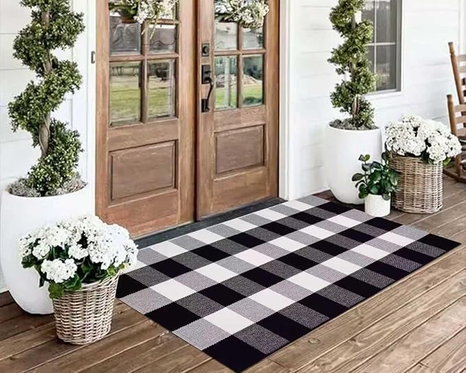 Black and White Outdoor Rug 24''X 51'' Front Porch Rug Cotton Woven Washable Checkered Layering Door Mat for Door Mats Outdoor Porch Entryway Bedroom Living Room
