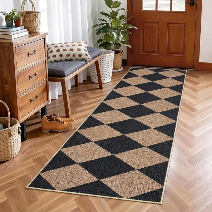 Garvee 2x8 Easy Jute Front Porch Rug, Modern Geometric Runner Rug with Non Slip Backing, Diamond Washable Rugs for Entryway, Stain Resistant Non Shedding Mats for Bedroom, Kitchen, Patio, Black/Brown