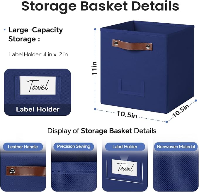 FinishingBo 10.5" x 11" Storage Bins with Labels 6 Pack | PU Leather Handles, Foldable Storage Cubes, Storage Baskets, Closet Storage, Blue