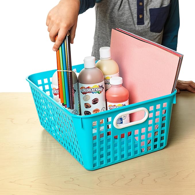 Really Good Stuff Large Plastic Storage Baskets with Handles - 6 Pack | 13.75" x 9.75" x 5", Neon Group Colors, for Books & Supplies, Organize Classroom & Home