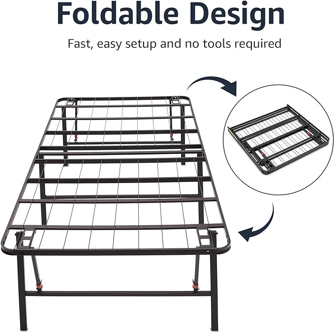 Amazon Basics Foldable Metal Platform Bed Frame with Storage, Sturdy Steel, No Box Spring Needed, 18 Inches High, Tool-Free Easy Assembly, Noise-Free, Queen Size, Black
