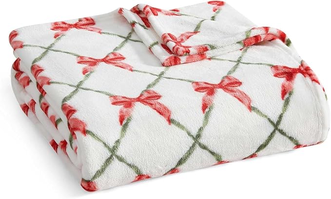 Martha Stewart - Blanket, Incredibly Soft Throw Blanket for Couch or Bed, Printed Plush & Oversized Bedding (Emmas Bow White, 60" x 70")