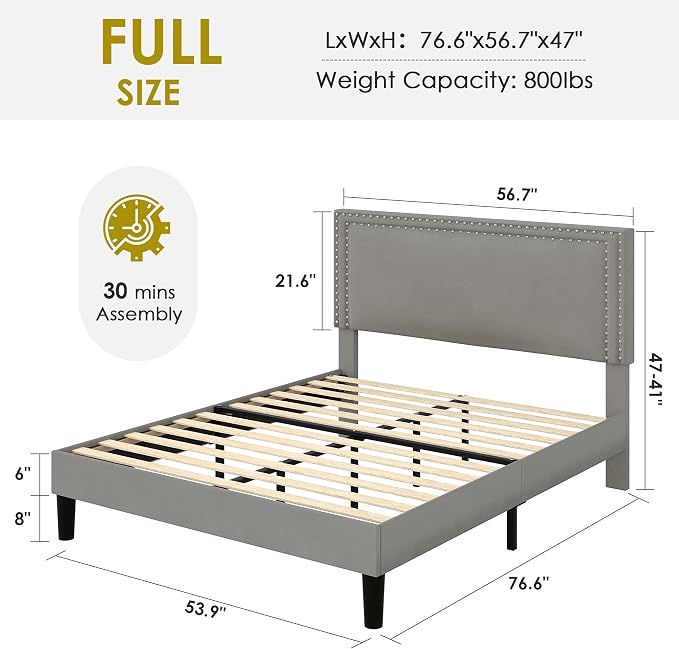 VECELO Full Size Platform Bed Frame with Height Adjustable Upholstered Headboard, Modern Mattress Foundation,Strong Wood Slat Support, No Box Spring Needed, Easy Assembly,Dark Grey