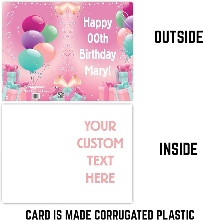 VictoryStore Jumbo 3 Foot Happy Birthday Card, Presents And Balloons, 24x36-Inch Card, Ships In Jumbo Envelope, (Pink, Custom Text)