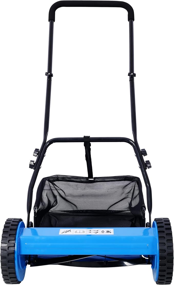 KEIKI 16-Inch Manual Lawn Mower, Push Reel Mowers w/Grass Catcher & Adjustable Cutting Height, 2-Wheels Small Lawnmower with 5 Steel Blades for Graden, Spaces Saving & Easy Assembly, Blue