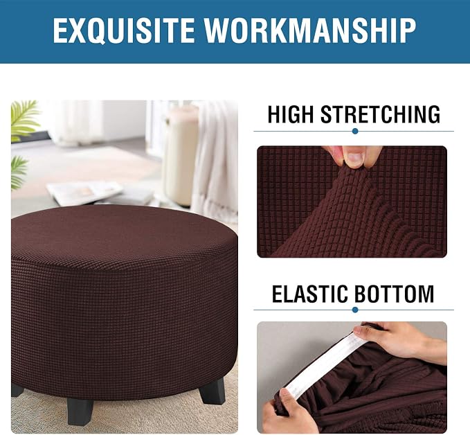 H.VERSAILTEX Ottoman Cover Stretch Ottoman Slipcover Round Ottoman Storage Cover Folding Stool Covers Furniture Protector Cover for Footrest Ottoman Fit Dia 30" - 41", Chocolate