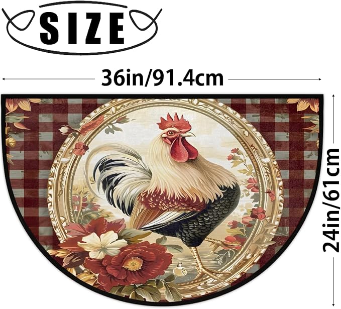 Half Round Door Mat Vintage Plaid Rooster Chicken Non-Slip Semi Circle Area Rug Washable Half Moon Hearth Rugs for Indoor Outdoor Bathroom Kitchen Patio Runner Mat Laundry Room Home Decoration