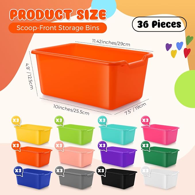 Dandat 36 Pcs Plastic Book Bins for Classroom Library Colorful Scoop Front Cubby Bins Stackable Toy Storage Containers with Handles for School Home Office Nursery Daycare (Bright Color)