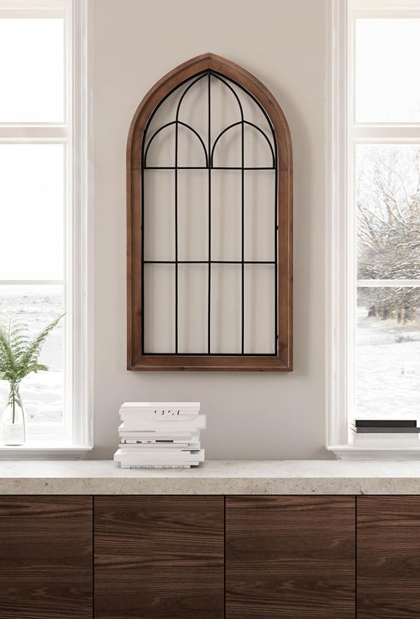 Kate and Laurel Rennell Farmhouse Arched Wall Art Plaque; 19 x 36; Walnut Brown and Black; Wood and Metal Windowpane Wall Decor for Use as Fireplace Mantel Decor or Entryway Wall Accent