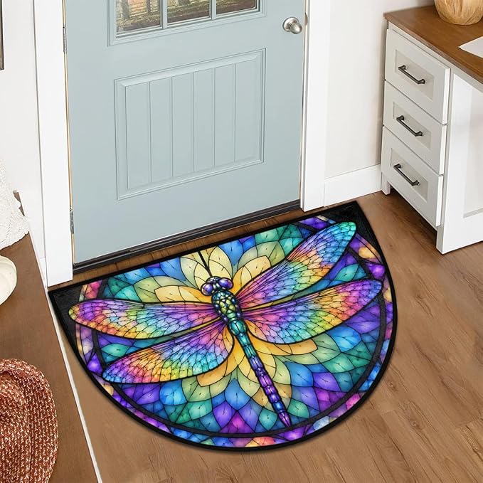 Dragonfly Half Round Door Mat Outdoor Doormat Bedroom Entrance Rug A21 | Dragonfly Semi Moon Door Mat Non-Slip Absorbent Kitchen Rug Indoor Welcome Bath Mat 36" X 24"
