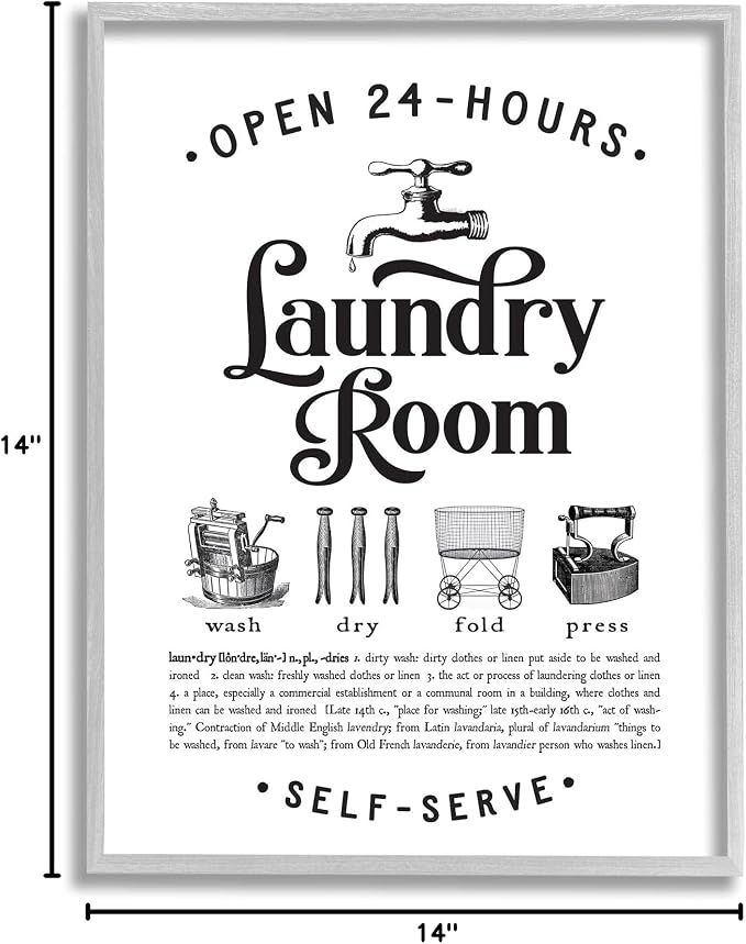 Stupell Industries Vintage Laundry Room Definition Wash Dry Fold, Designed by Lettered and Lined Gray Framed Wall Art, White