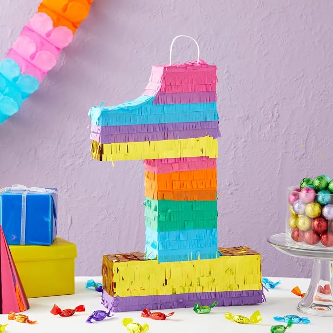 BLUE PANDA 1st Birthday Pinata - 16.5 x 11 x 3 In, Multicolor Corrugated Paper - Rainbow Pinata for 1st Birthday Decorations, Fiesta Party Decoration & Rainbow Party