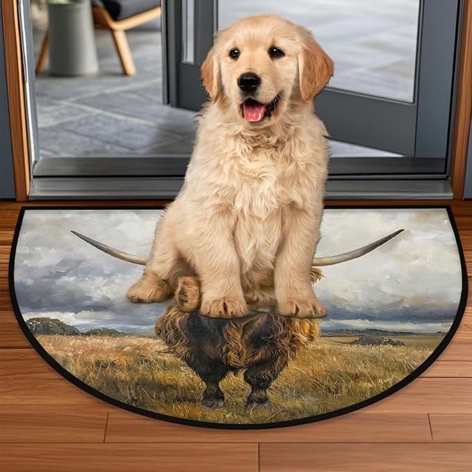 Half Round Door Mat Animal Highland Cow Anti-Slip Semi Circle Rug 24X36 Indoor Door Mat Half Moon Bath Mats, Washable Decorative Welcome Floor Mats for Kitchen Bathroom Hearth Fireplace,A-1208