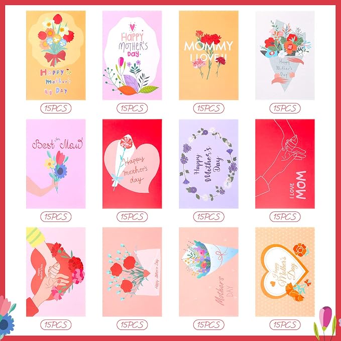 Fuutreo 180 Pack Mother's Day Cards Bulk Assortment with 180 Envelopes and 180 Cute Stickers Floral Mother's Day Greeting Cards Blank Inside for Birthday Supplies, 4 x 6 Inch, 12designs