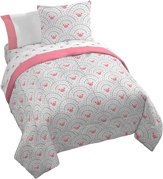 Disney Minnie Mouse Queen Comforter Set 7 Piece Bedding for Girls, Grey | Bed in a Bag, Comforter Sheets Shams Pillowcases, Official Product, Soft Microfiber, Machine Washable, Girls Gift