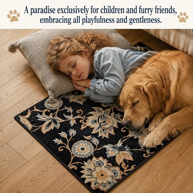 Floral Washable Entry Rug 2x3, Water Resistant Non Slip Ultra Thin Vintage Doormat, Throw Stain Resistant Small Kitchen Rug Indoor, Black Print Boho Cute Carpet, for Bedroom, Entryway, Laundry Room