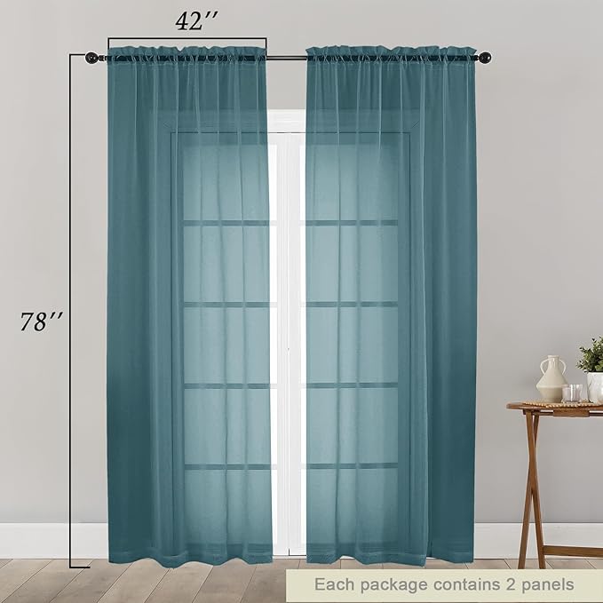 Dusty Blue Sheer Curtain for Bedroom Living Room 78 Inches Long 2 Panels Set - Image 2